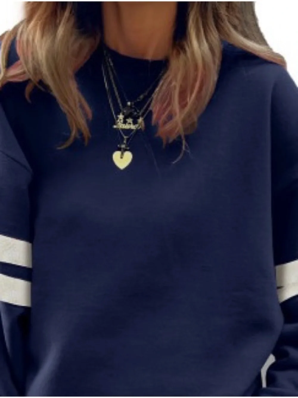 Navy Blue Preppy Striped Sleeve Loose Sweatshirt